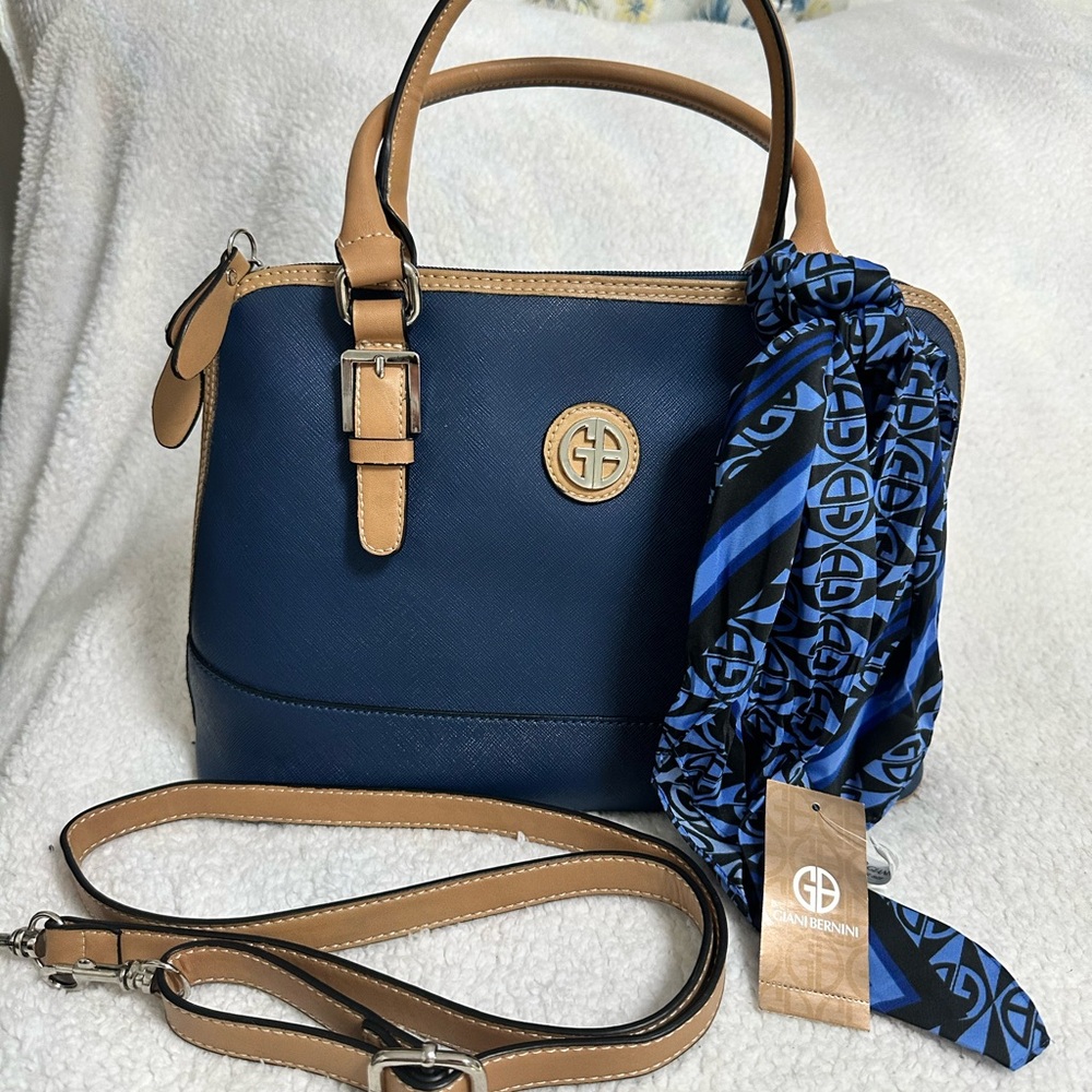 🔥low start🔥Giani Bernini Navy and Tan Leather Satchel w/twilly/scarf.